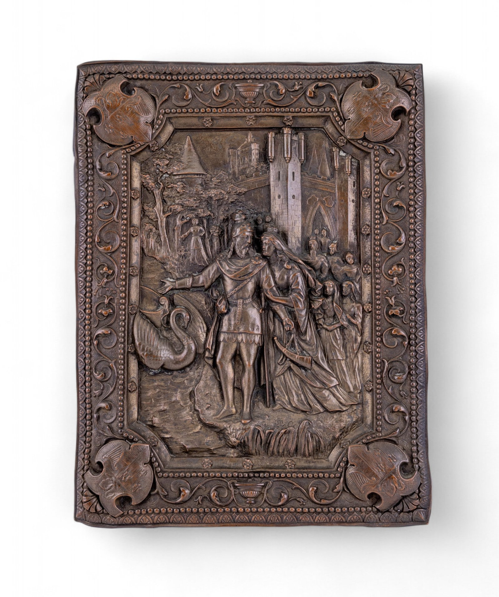 Swan Knight Relief Plaque: Dept. Peartree & Co. bronze relief plaque attributed to Henryk Winograd's sterling silver relief plaque of the legendary Swan Knight, Lohengrin, arriving to defend Elsa of Brabant. Maker's name is eng