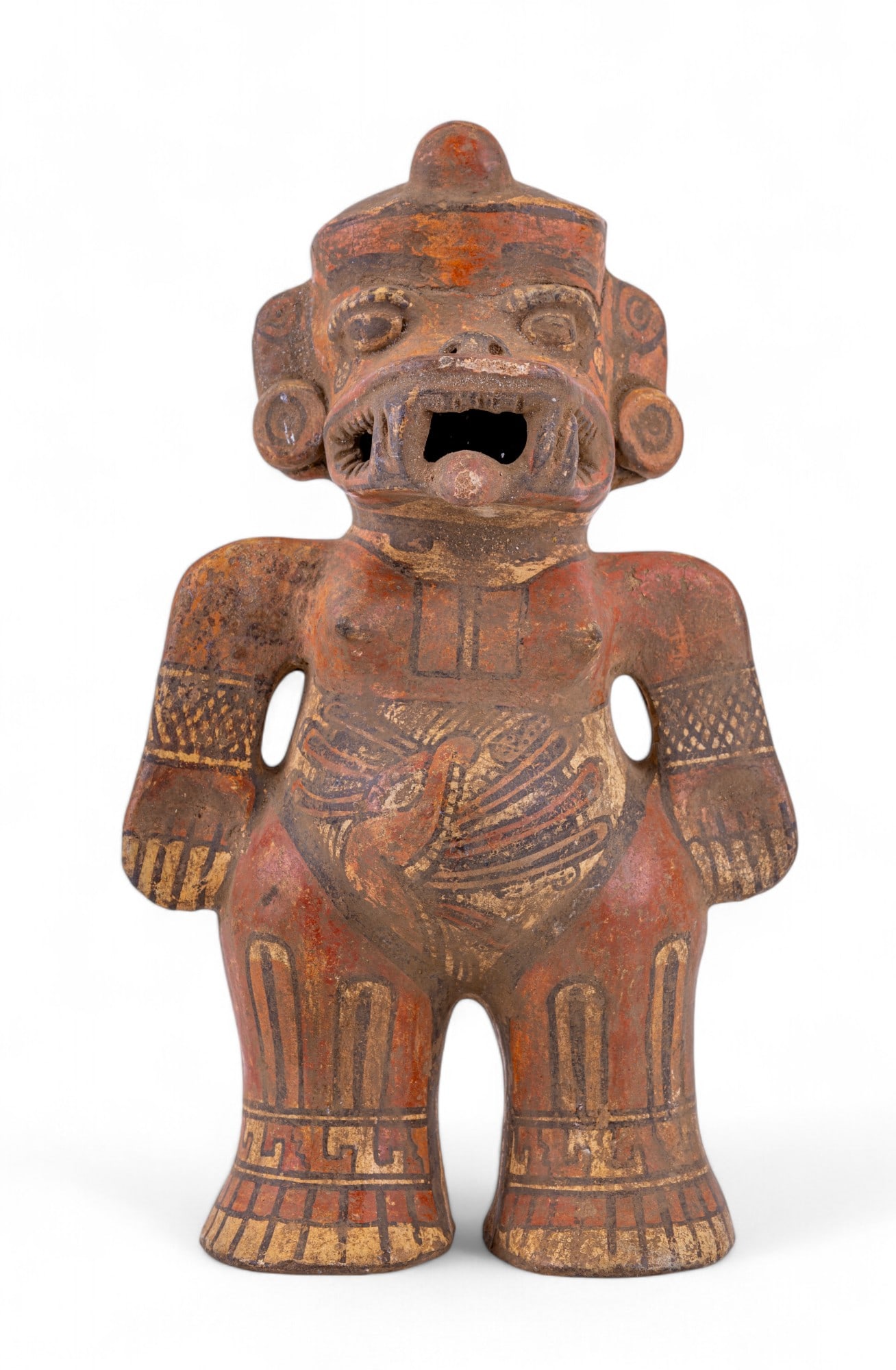 Pre-Columbian Painted Female Pottery Figure: A Pre-Columbian pottery figure of a female deity or creature with sharp teeth measuring approx. 11" high. Item is painted with various patterning and has significant loss to paint.