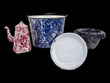 Enamelware & Marbled Bowl, Pots
