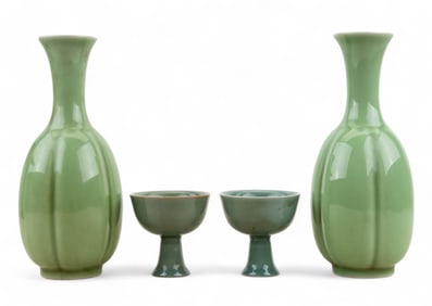 Chinese Yue Style Celadon Vase & Teacup Pairs