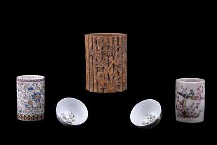 Chinese Bamboo & Porcelain Brush Pots + Bowls