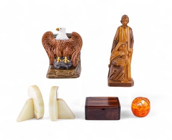 Marble Bookends, Glass Paperweight, Wood Box,More