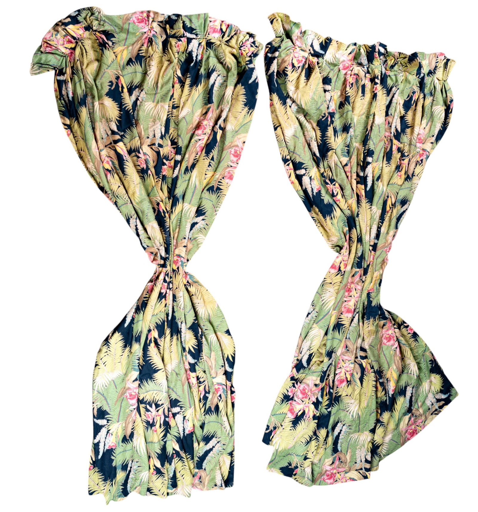 Early Barkcloth Drapes Fern & Floral Pattern: A pair of early Barkcloth drapes with a fern & floral pattern as seen in photography. Drapes each measure approx. 51" x 84"
