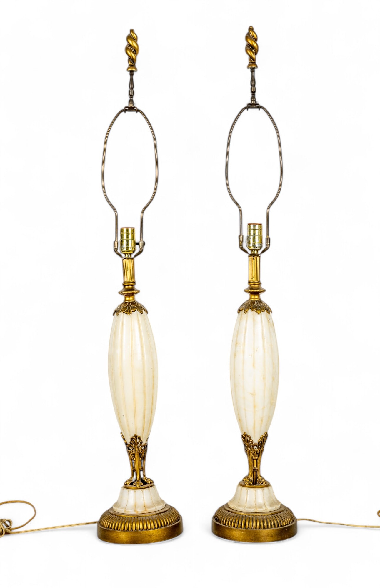 Classical Mid C. Marble/Alabaster Lamps: Two bronzed metal marble/alabaster lamps measuring approx. 42" high to top of finial, 25" to light socket. Lamps in good condition, untested.