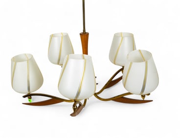 Mid Century Modern Brass Glass Shade Chandelier