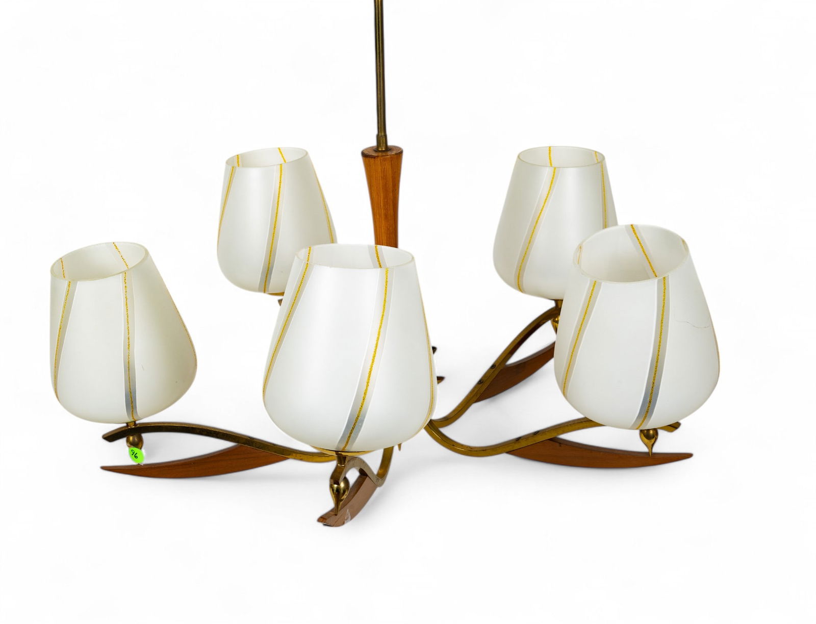 Mid Century Modern Brass Glass Shade Chandelier: A mid century modern brass wood & glass shade chandelier. Glass shades have a swirl painted pattern with gold stripe. Approx. 32" high, diameter of around 28".