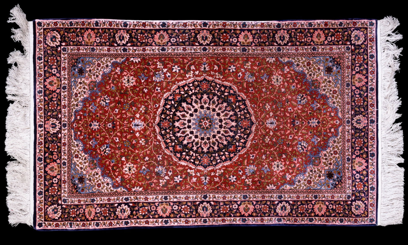 Persian Silk Qum Rug ~3'x5': Finely-woven Persian silk Qum rug approx. 3' x 5' w/ red, pink, blue, bluish gray, olive green, & brown patterns w/ floral / botanical motifs. Item presents very well. *All rugs are used & come from f