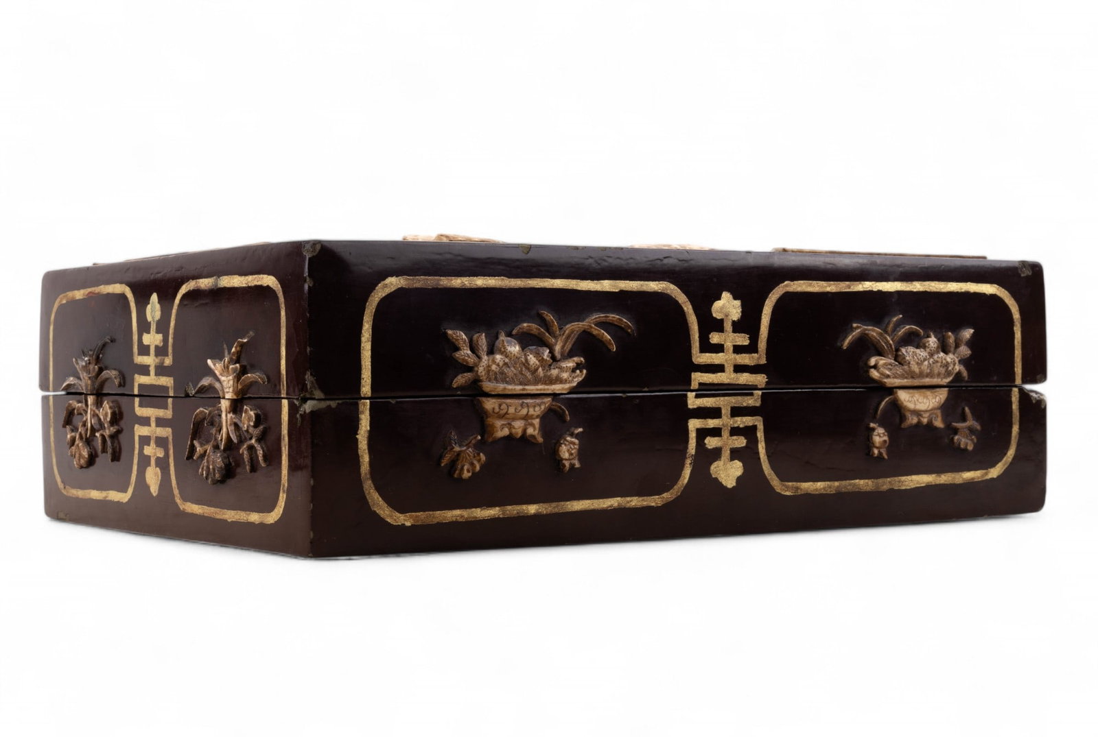 Chinese Bone Inlay Brown Lacquer Box: Chinese brown lacquer box w/ carved bone / natural material inlay relief design, featuring cranes & botanical motifs. Each side also has the Chinese shou longevity symbol painted on each side. Some lo