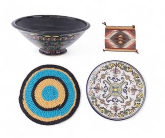 Mexican Talavera Plate, MCM Footed Bowl, Textiles