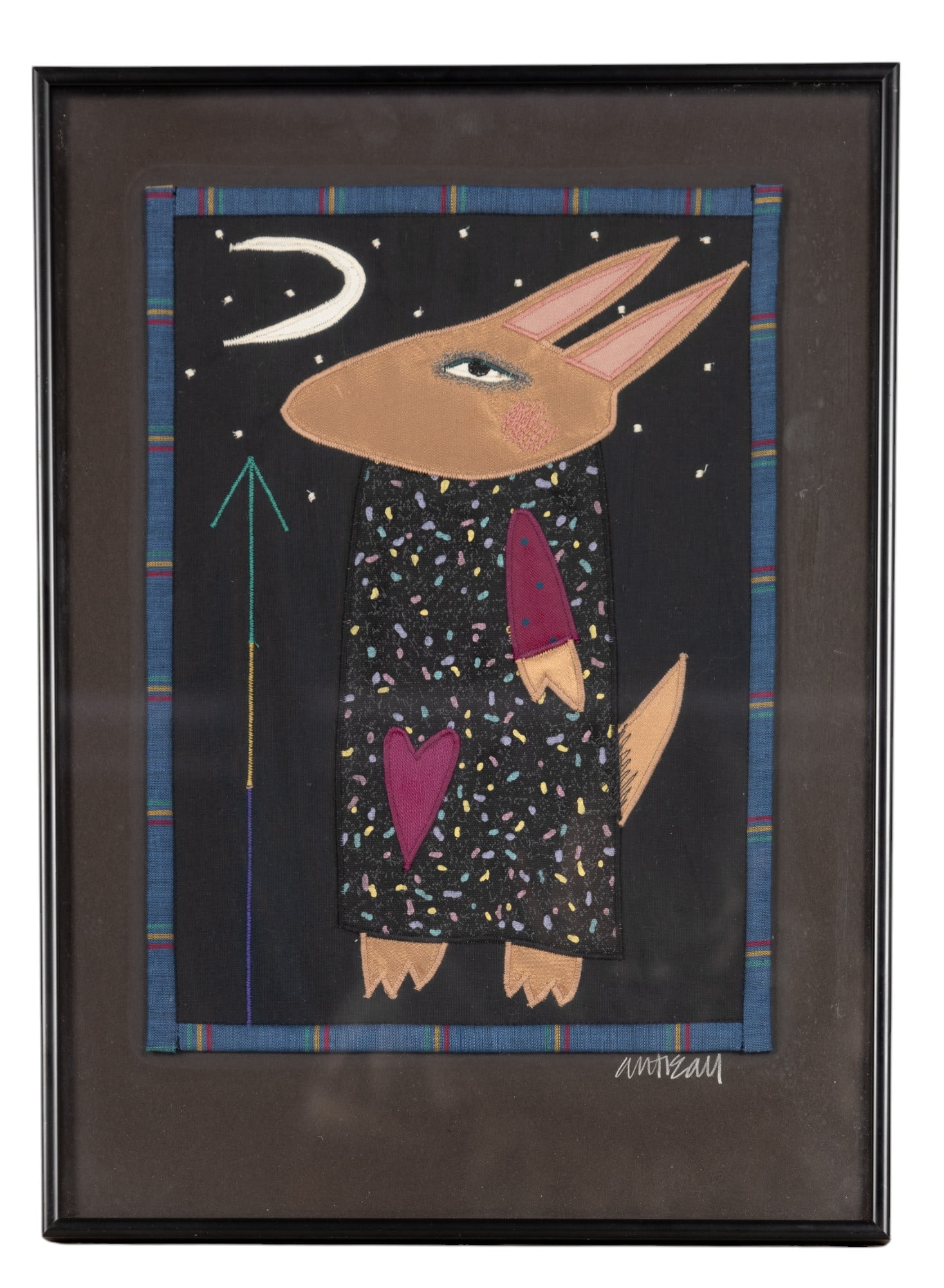 Chris Roberts-Antieau (AM b. 1950) Tapestry Rabbit: Chris Roberts-Antieau (AM b. 1950) tapestry of rabbit gazing at the moon signed "Antieu" LR - actual art approx. 9" H x 12" H; frame approx. 12" W x 16" H. Textile.