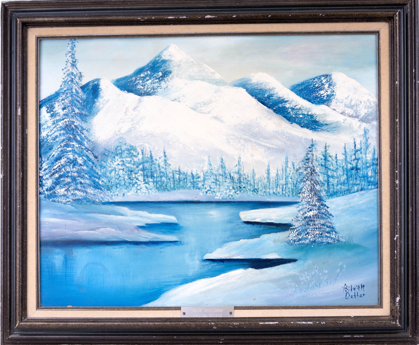 Ailean Detter Oil on Canvas "Blue Splendor": Oil on canvas by Ailean Detter titled: "Blue Splendor" depicting trees and a mountain in a winter setting. Measures approx. 19.25" x 15.5" I.D, and 24.5" x 21" O.D. Slight mark/caked dust on bottom of