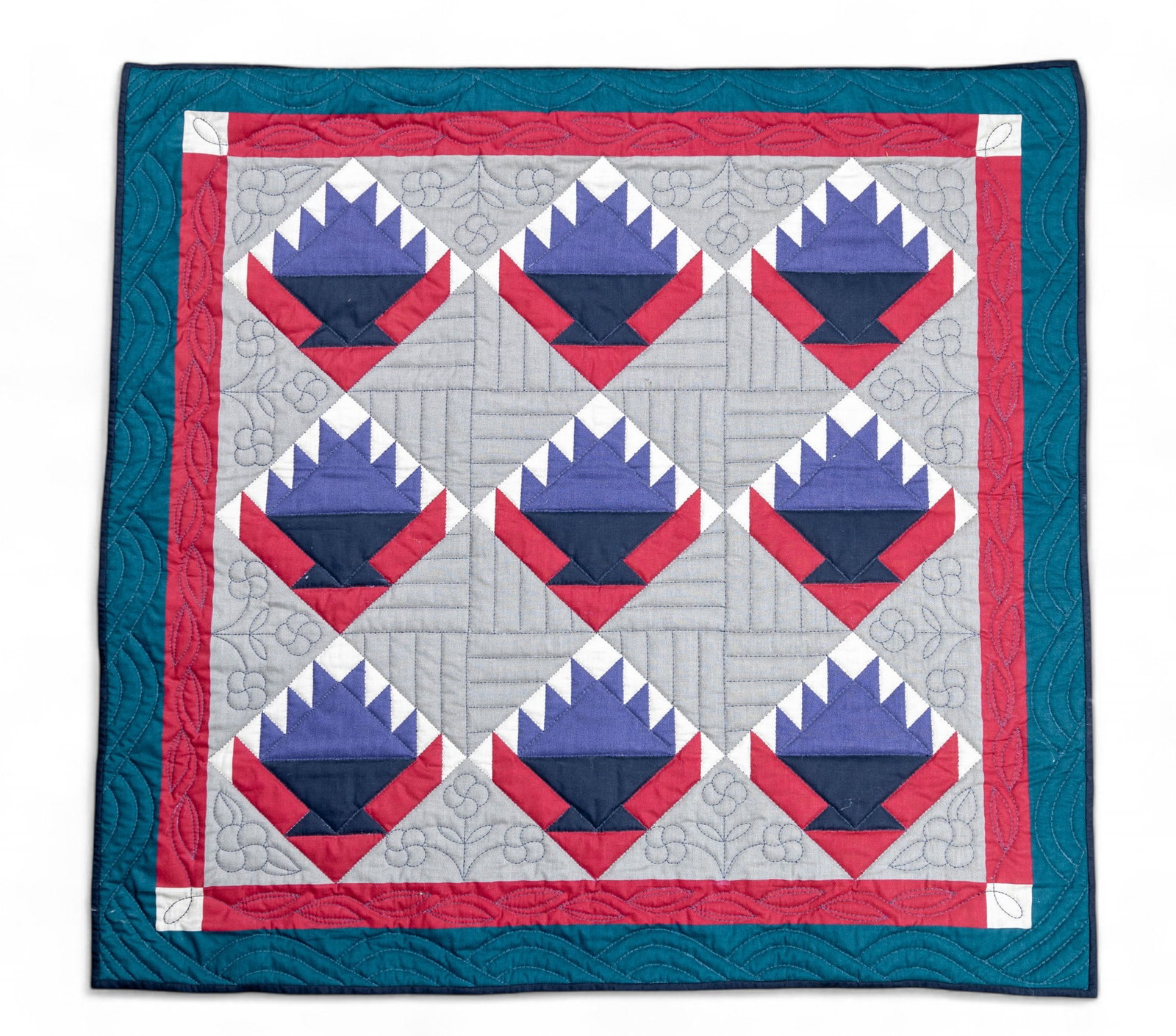 Folk Art Quilt Square Hanging (Leatta Kiefer): A folk art quilt measuring approx. 29" x 31" (almost square). Quilt in very good condition and is signed Leatta Kiefer on back.