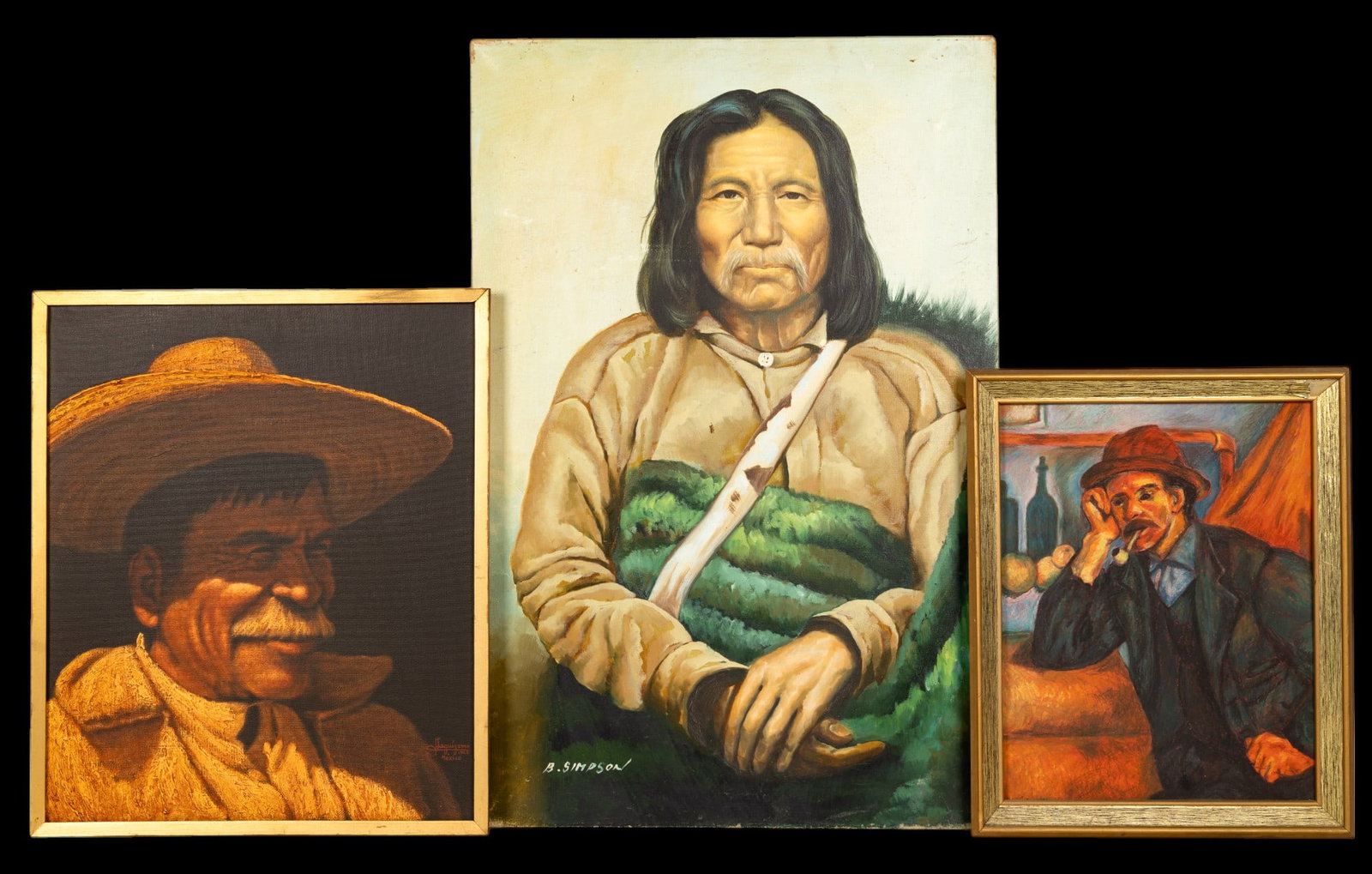 Portraits of Mexican, Native, more (J. Leguizamo): Grouping of three handmade portraits including a J.Leguizamo signed portrait of a Mexican man measuring approx. 25" x 20.5" in frame, a portrait of a native American measuring approx. 24" x 36" signed