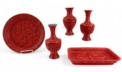 Cinnabar Enamel Trays, Vases (5 PC.)