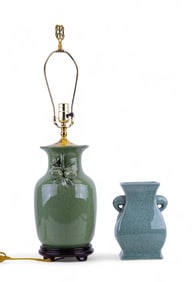 Celadon Crackle Lamp Base, Handled Vase