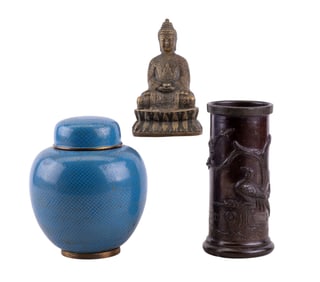 Cloisonne, Bronze Relief Pot, Early Seated Buddha