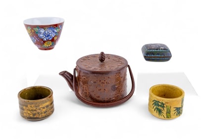 Nanbu Iron Teapot, Cloisonne Box, and Teacups