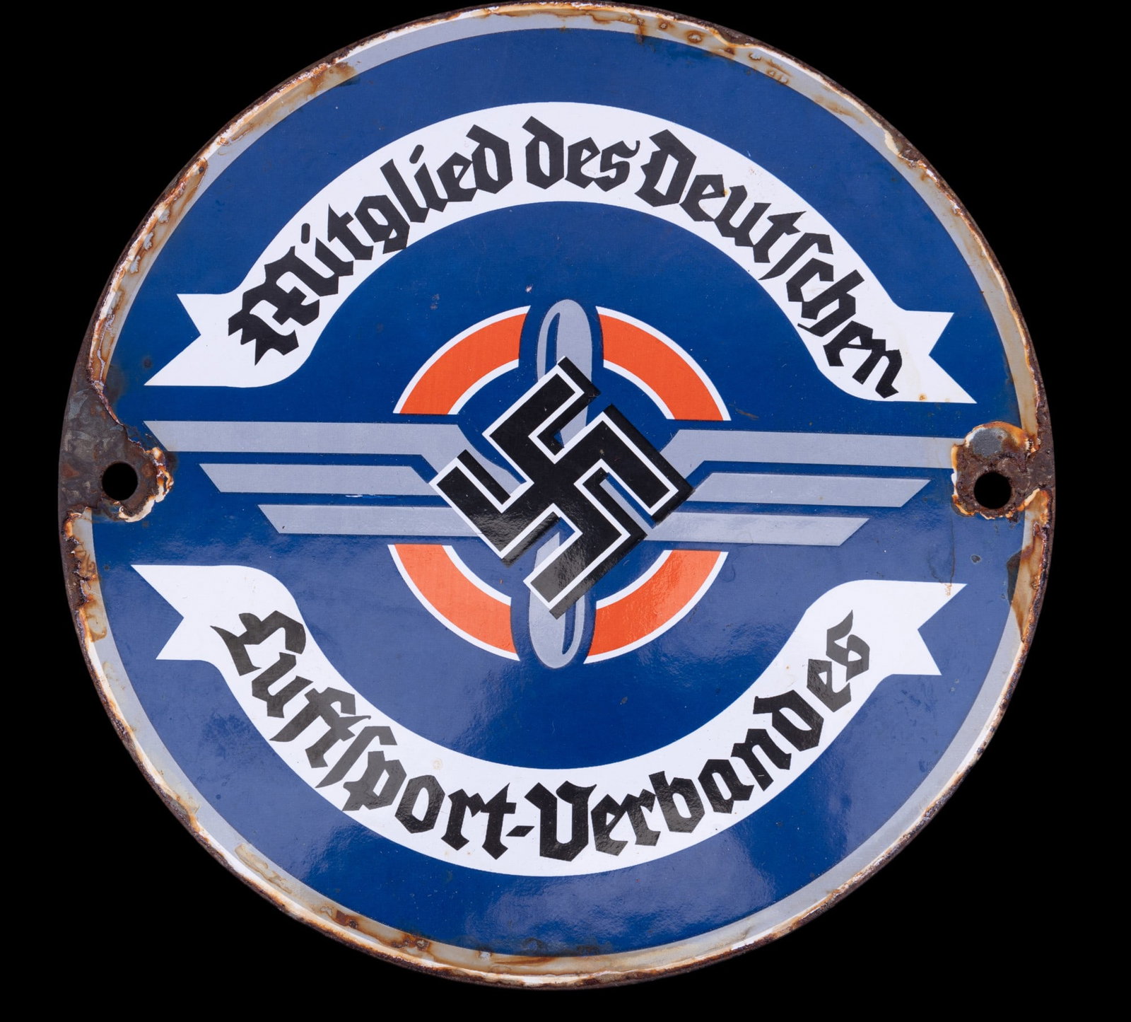 WWII Era German DLV Air Sports Association Sign: WWII era German Deutscher Luftsportverband (DLV) German Air Sports Association sign approx. 6" in diameter. The DLV was established to provide a standardized training ground for military pilots & focu