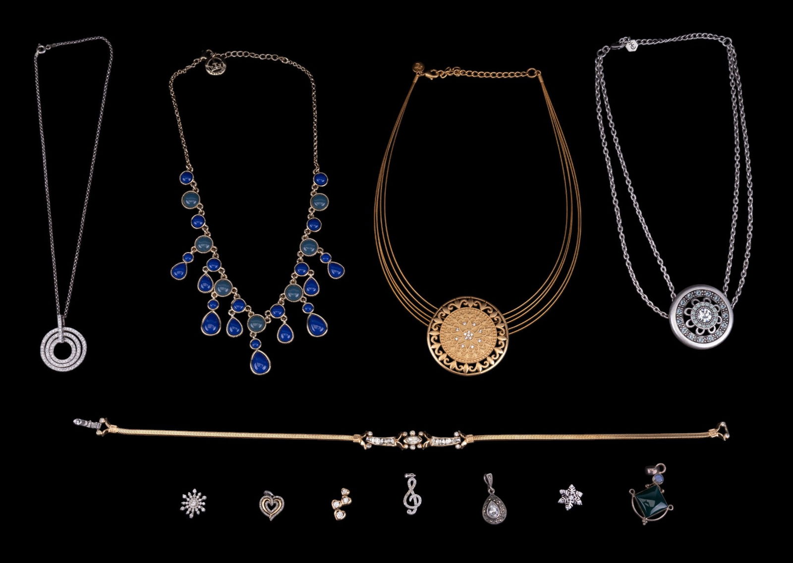 Trifari, Sterling, Touchstone Crystal, Mazer Bros: Trifari royal blue & blue-grey cabochon gold tone statement necklace approx. 18" long, Touchstone Crystal by Swarovski Tribal Disc pendant necklace, Mazer Bros. gold tone choker necklace w/ crystal rh