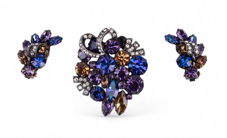 Weiss Copper Tone Rhinestone Brooch & Earrings