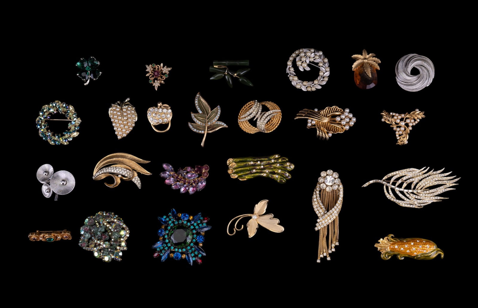 Trifari, Sarah Cov., Saxon, Botanical Brooches: 24 total brooches, including fruits, vegetables, & botanical designs. Designers include Trifari, Sarah Coventry, Saxon, Richelieu, B.S.K., & Hollycraft. Many brooches have rhinestone accents. Saxon as