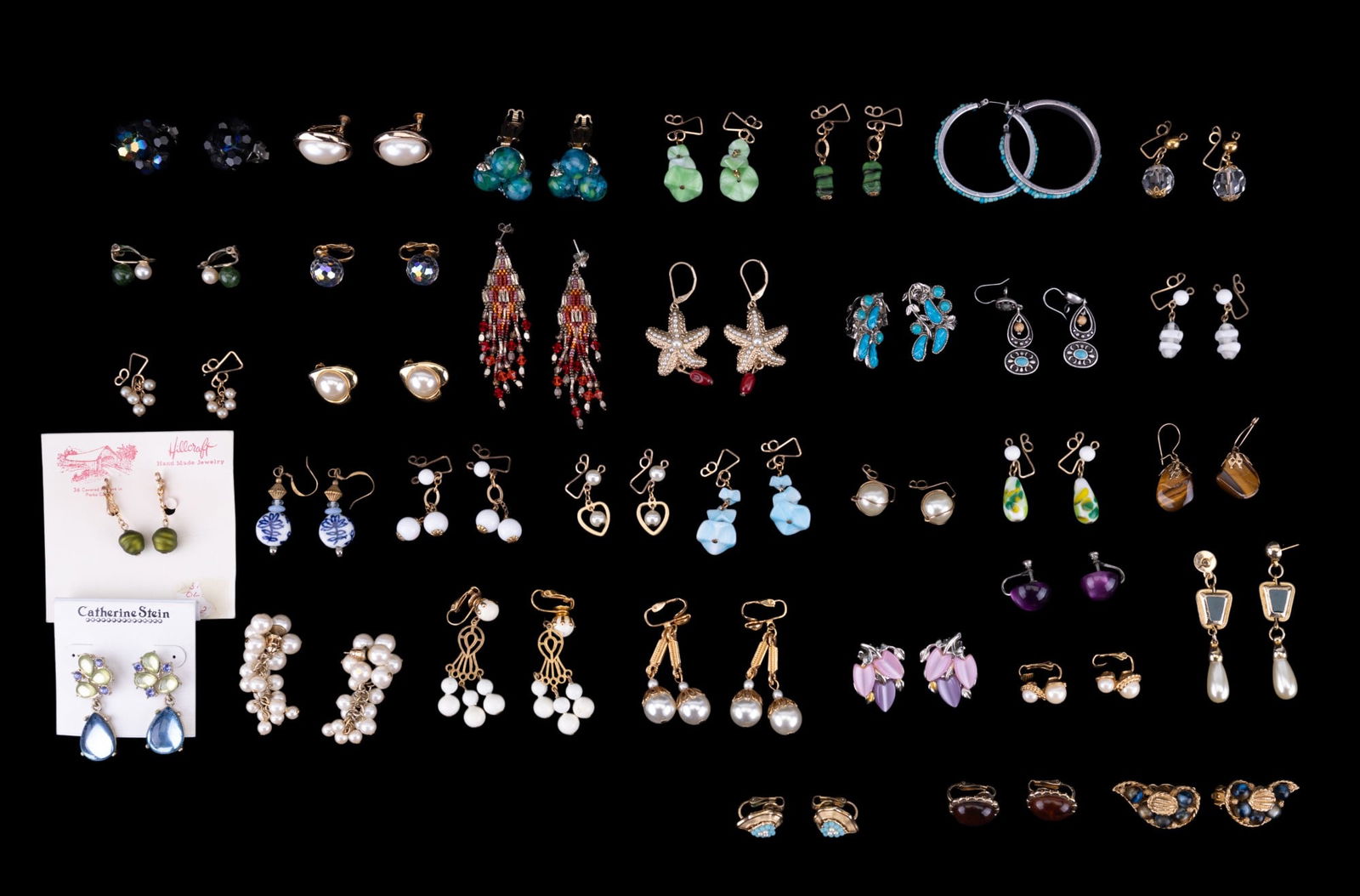 Trifari, Avon, Kramer, Faux Pearl, & Bead Earrings: 35 total pairs of earrings, including Trifari, Avon, Kramer, Catherine Stein, Hillcraft, faux pearl, bead, & cabochon earrings. There are smaller groups of complementary colors. See photos for further