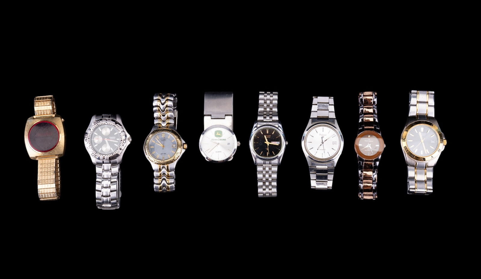 Citizen, Raymond, Pulsar, & Other Men's Watches: 3 different men's Citizen wrist watches, Charles Raymond copper tone men's wrist watch, Pulsar wrist watch, Casio men's wrist watch, Speidel men's wrist watch, & John Deere money clip watch. Watches h