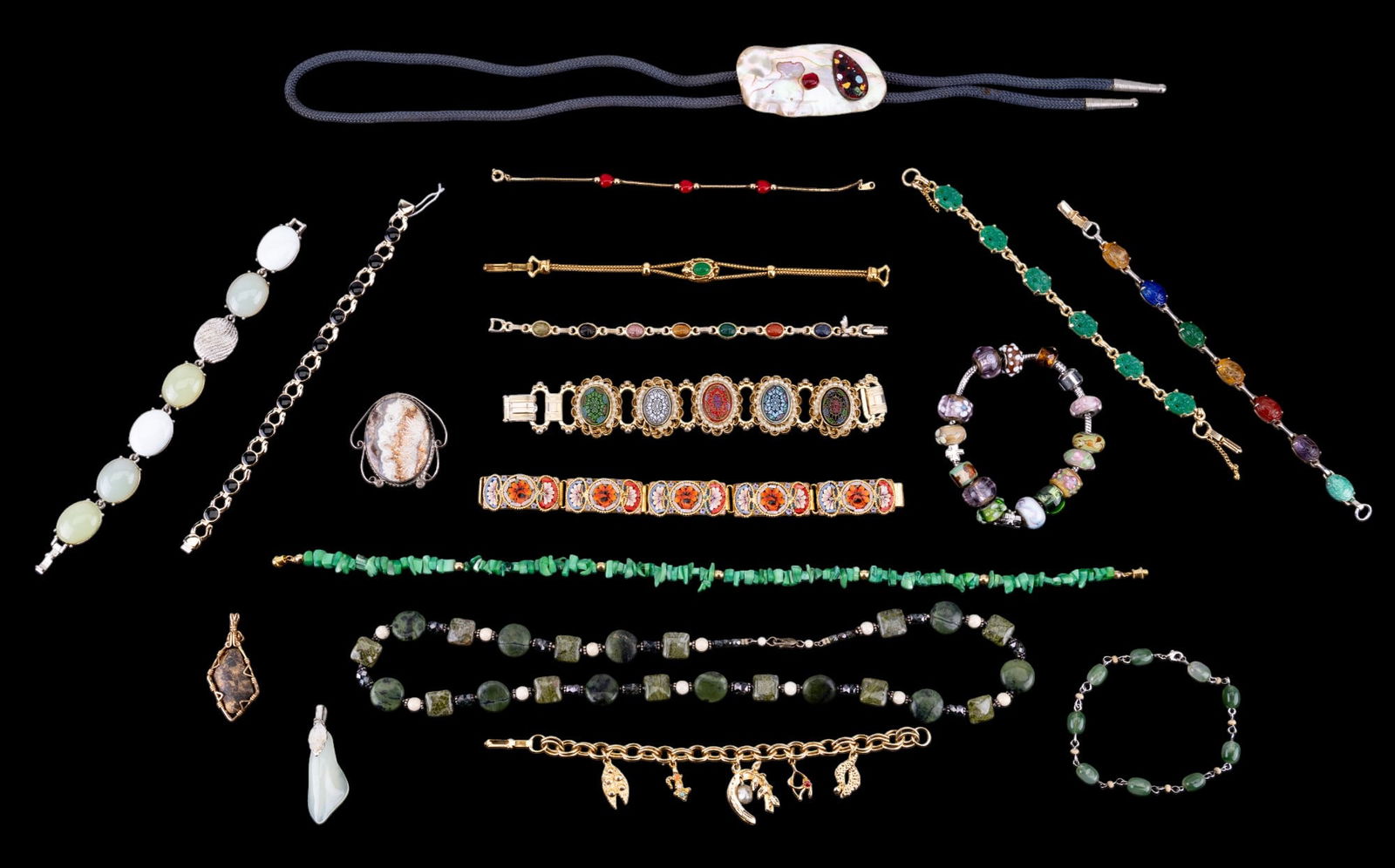 Coro, Liz Claiborne, Green Bead, & Other Jewelry: Coro multi-stone etched scarab bracelet, another scarab bracelet, Liz Claiborne multi-green oval cabochon bracelet, gold tone bracelet w/ green scarab, multi-color art glass bead bracelet, green stone