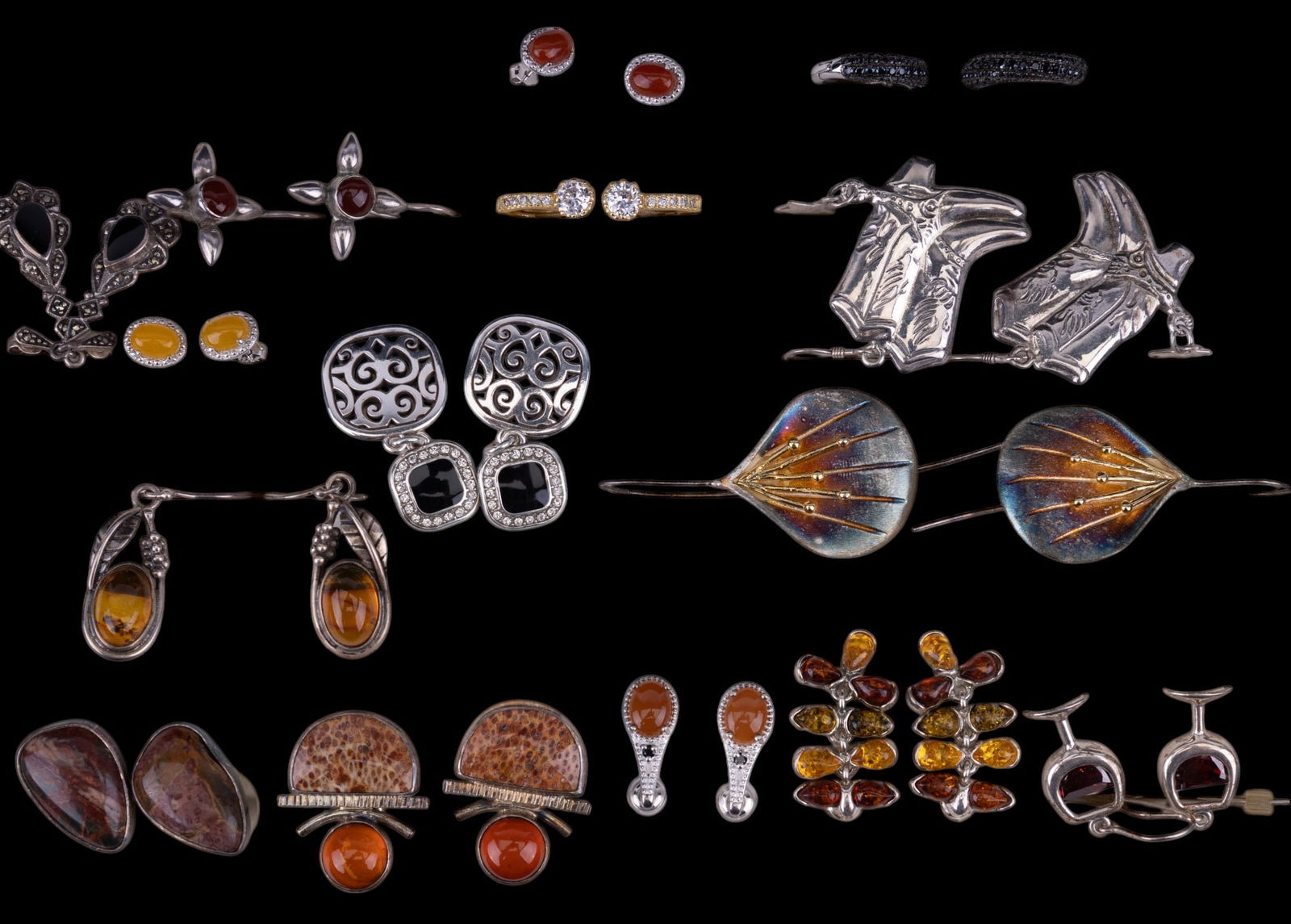 Sterling Amber, Red Stone, & Rhinestone Earrings (1 of 17)