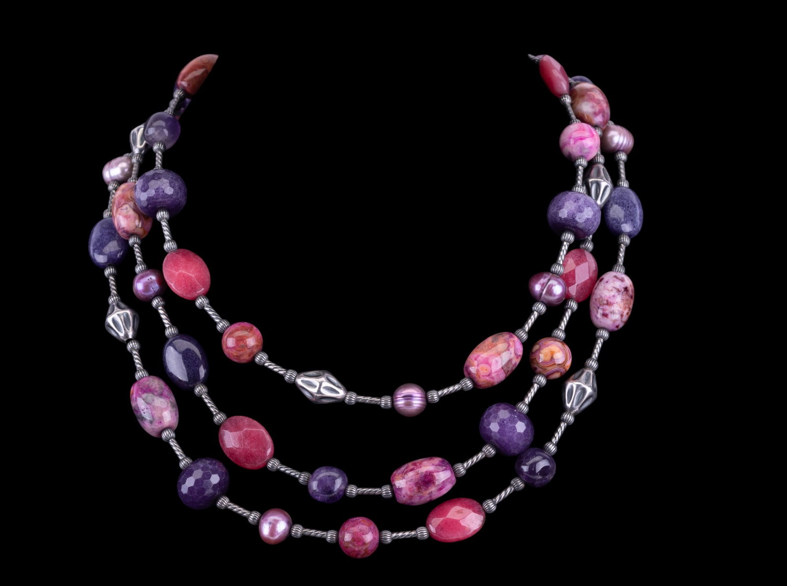 Amethyst Multi-Rose Quartz Sterling Necklace: Sterling 3 graduated strands amethyst and rose quartz and other quartz.