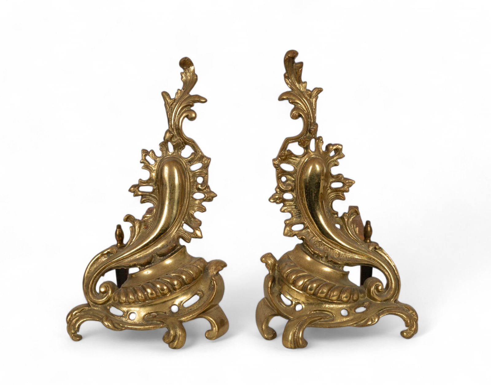20th C Ornate Andirons with Scroll Front: 20th C ornate andirons w/ scroll front, measuring approx. 20" long & 16" tall.