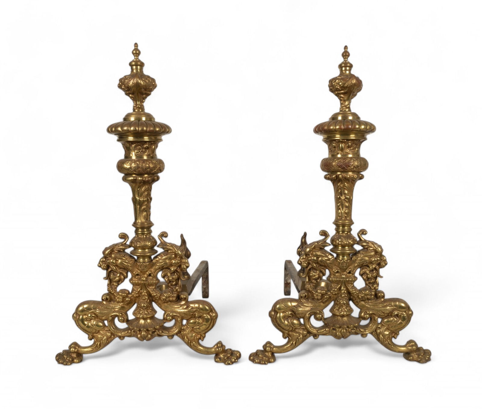 20th C Andirons Heavy Cast Broad Front: 20th C heavy cast andirons w/ broad front, measuring approx.