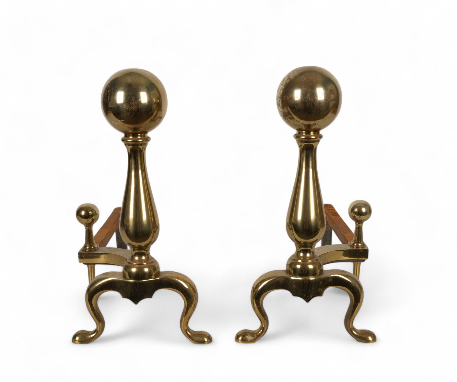 Andirons, Heavy Cast Antique Cannonball Style: Heavy cast antique Cannon Ball style andirons, measuring approx. 22" long & 17.5" tall.