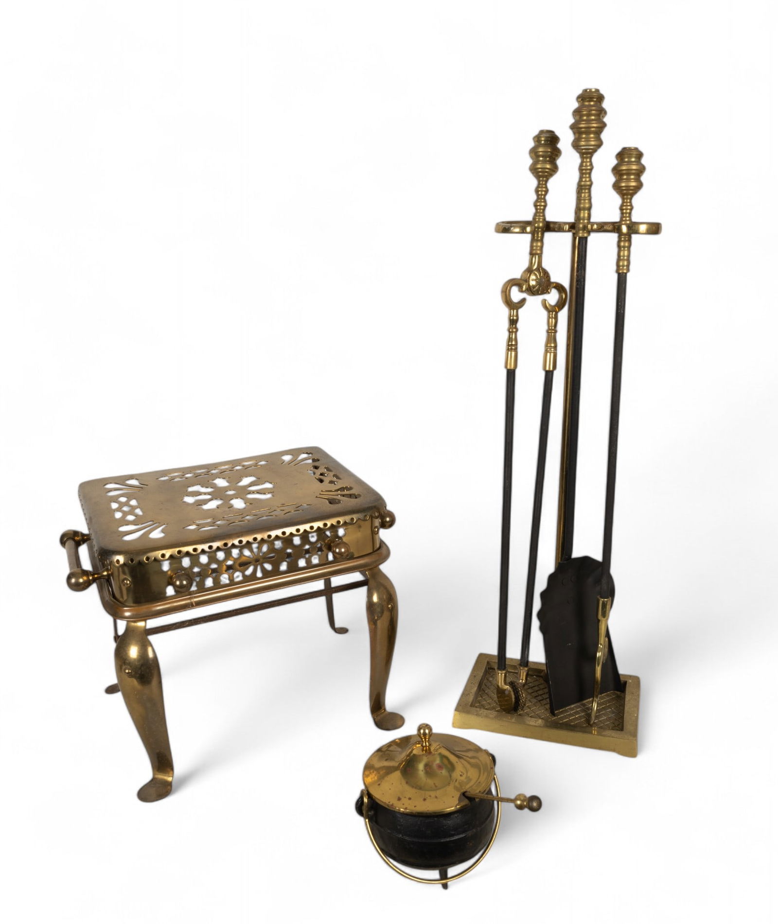 Fireplace Equipment & Footman Antique Style: Grouping of fireplace equipment & antique style footman. Footman is approx. 14" tall, 17.5" wide, & 11.5" deep.