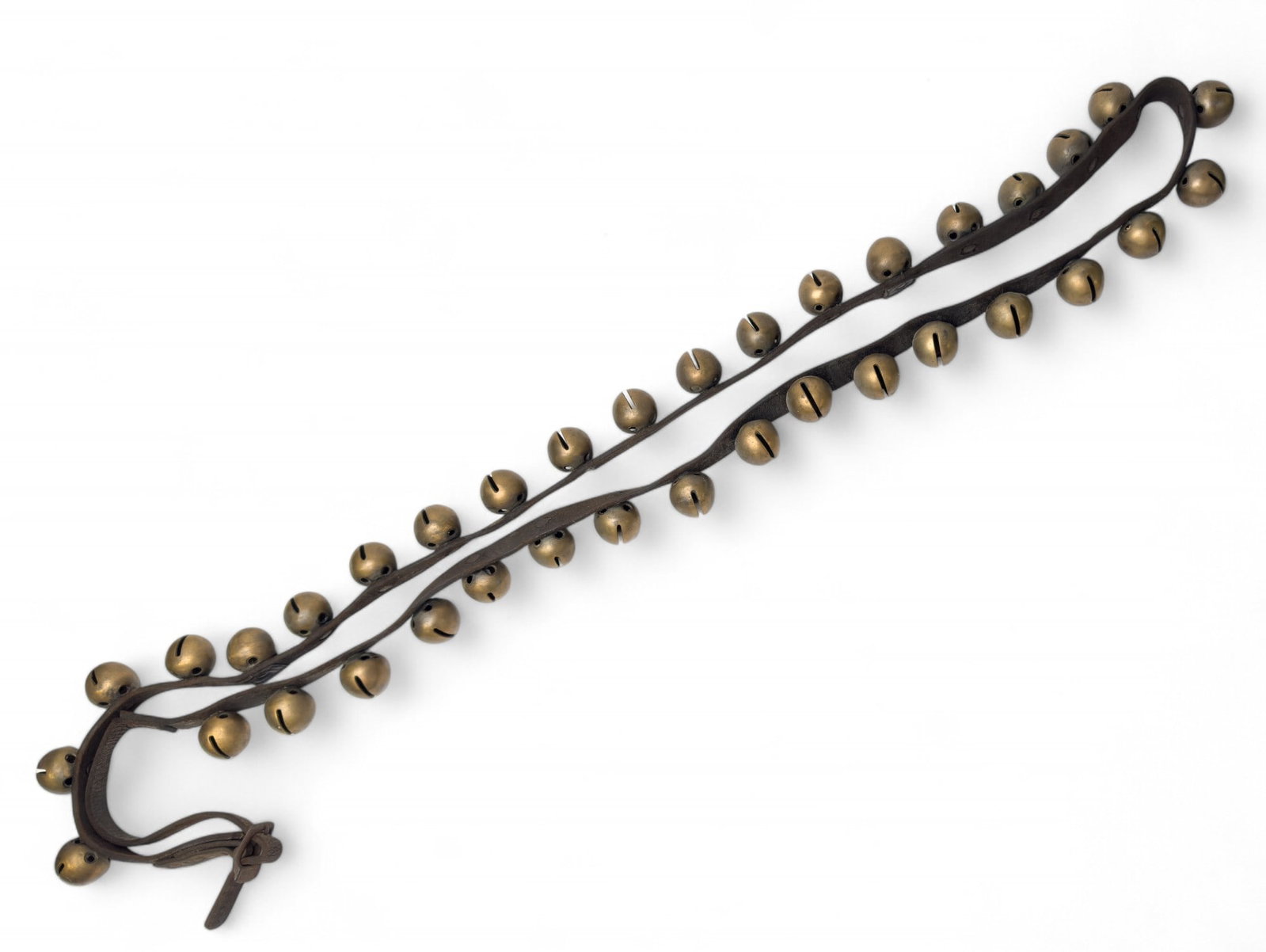 19th C Sleigh Bells ~36 on > 6' Strap: Bells measure approx. 80" end-to-end. There are approx. 36 total bells.