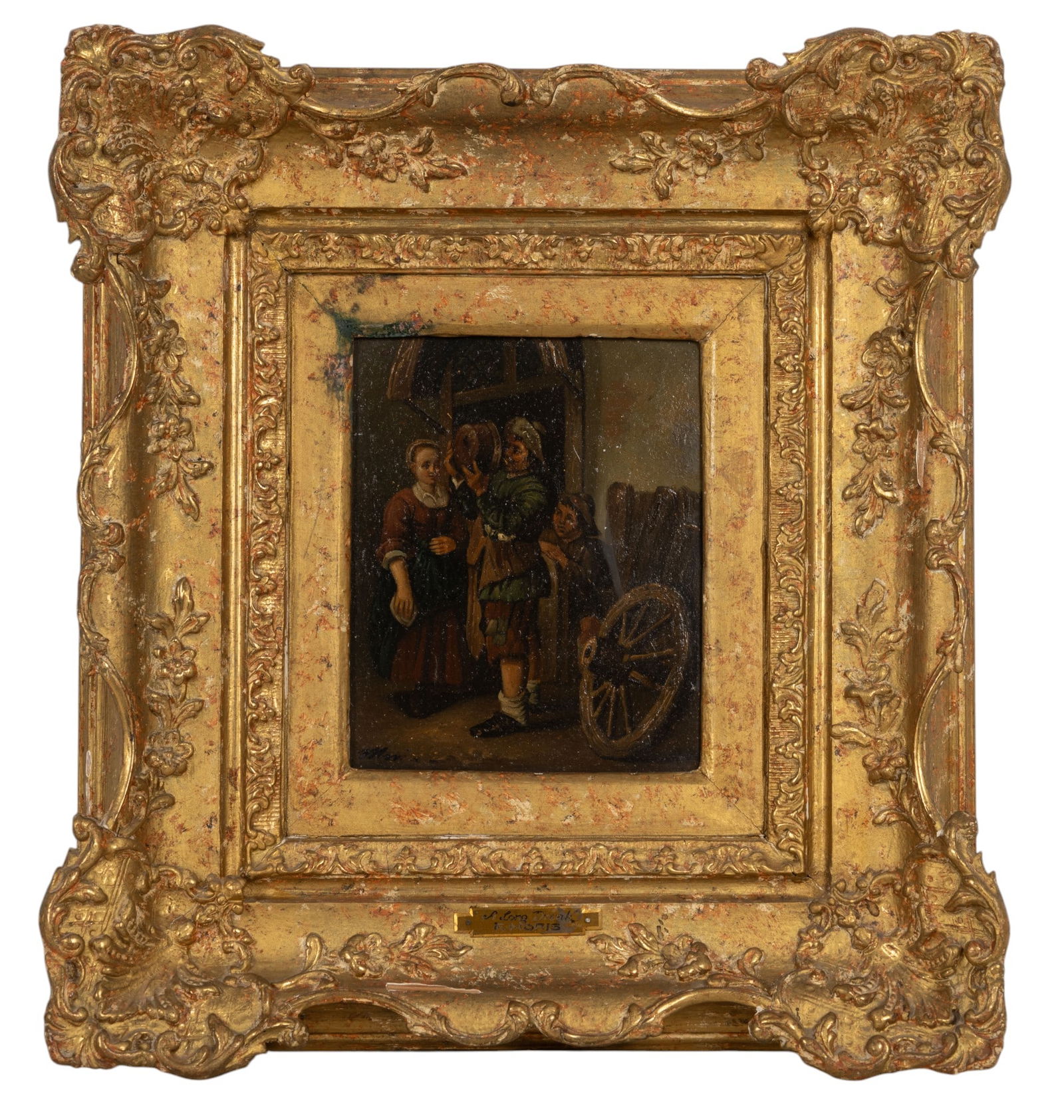 R. Morris Oil on Tin in Elaborate Frame: Framed art titled "A Long Break" approx 16" x 17.5" OD. Image 6.5" x 8". Artist and title on plaque on frame. Some loss (some loss to paint on body of subject).