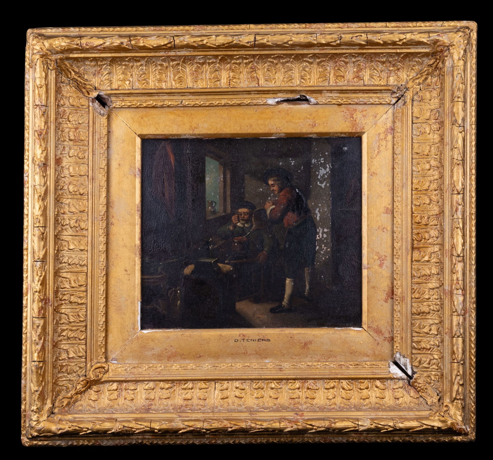 D. Teniers Oil on Tin, Bellows, Framed: Framed art, approx 19" x17.5" OD, 9.5x9 image. Artist name inscribed on frame. Loss to paint on art and frame and in need of some restoration. Condition taken into consideration when evaluating. Appea