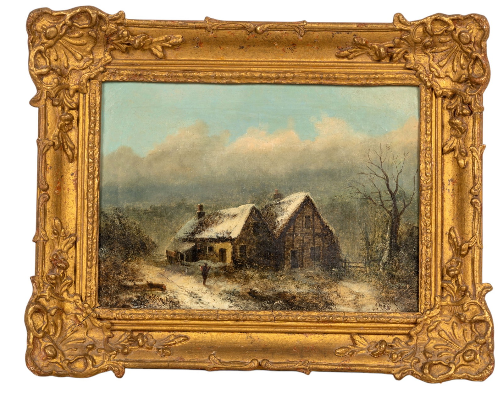 19th C Oil on Canvas Winter Scene Cabin: Framed signed painting, Image with hunter and house. Signature illegible 15.5 x 19 OD, 12 x 14 image. Overall good condition.