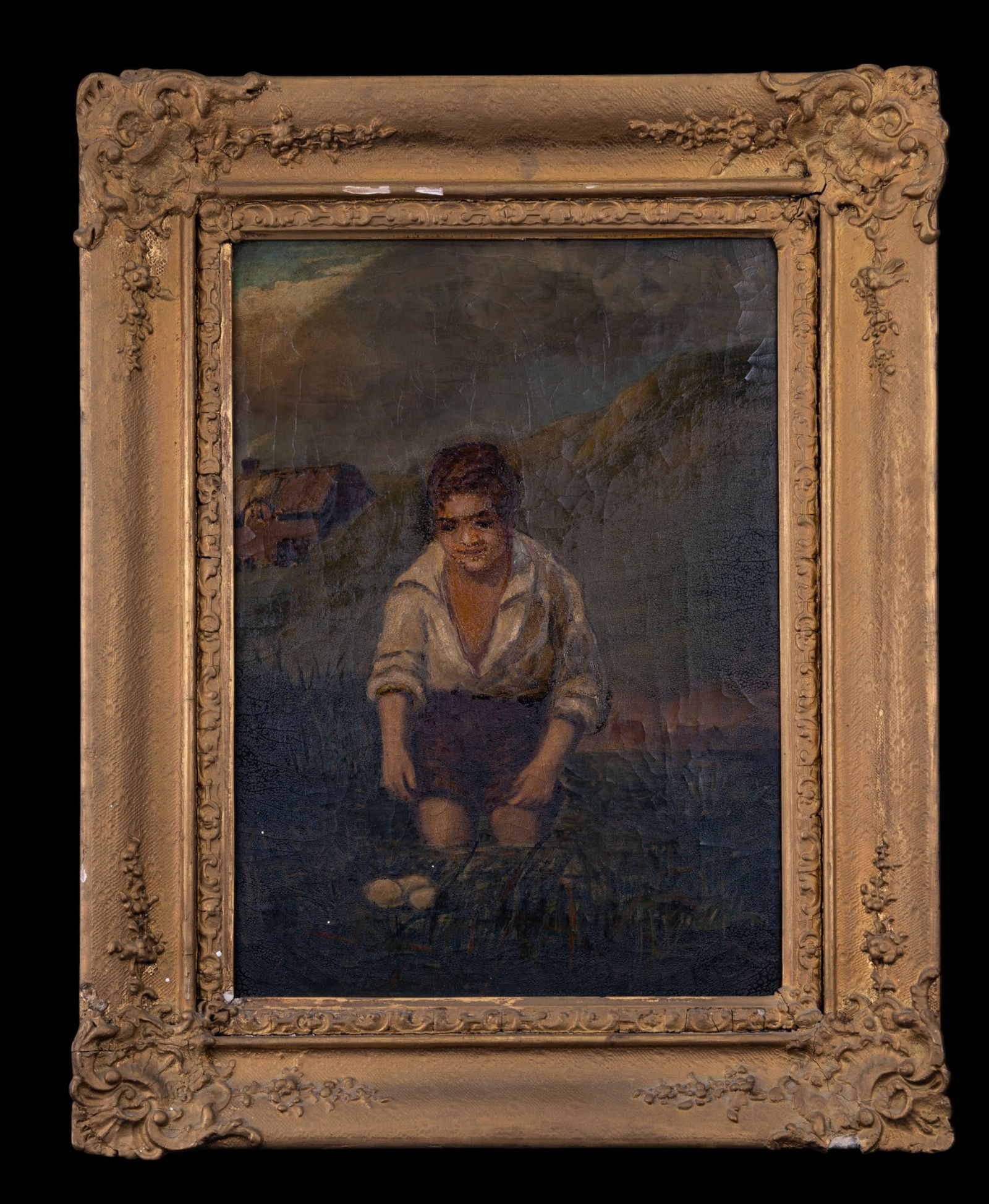 18th/19th C Oil on Canvas Woman w/ Eggs: Framed painting, unsigned, Continental School. Approx 18" x 22" OD, 12 x 17 image. Heavy crazing to canvas, frame as found. Good condition paint and frame.