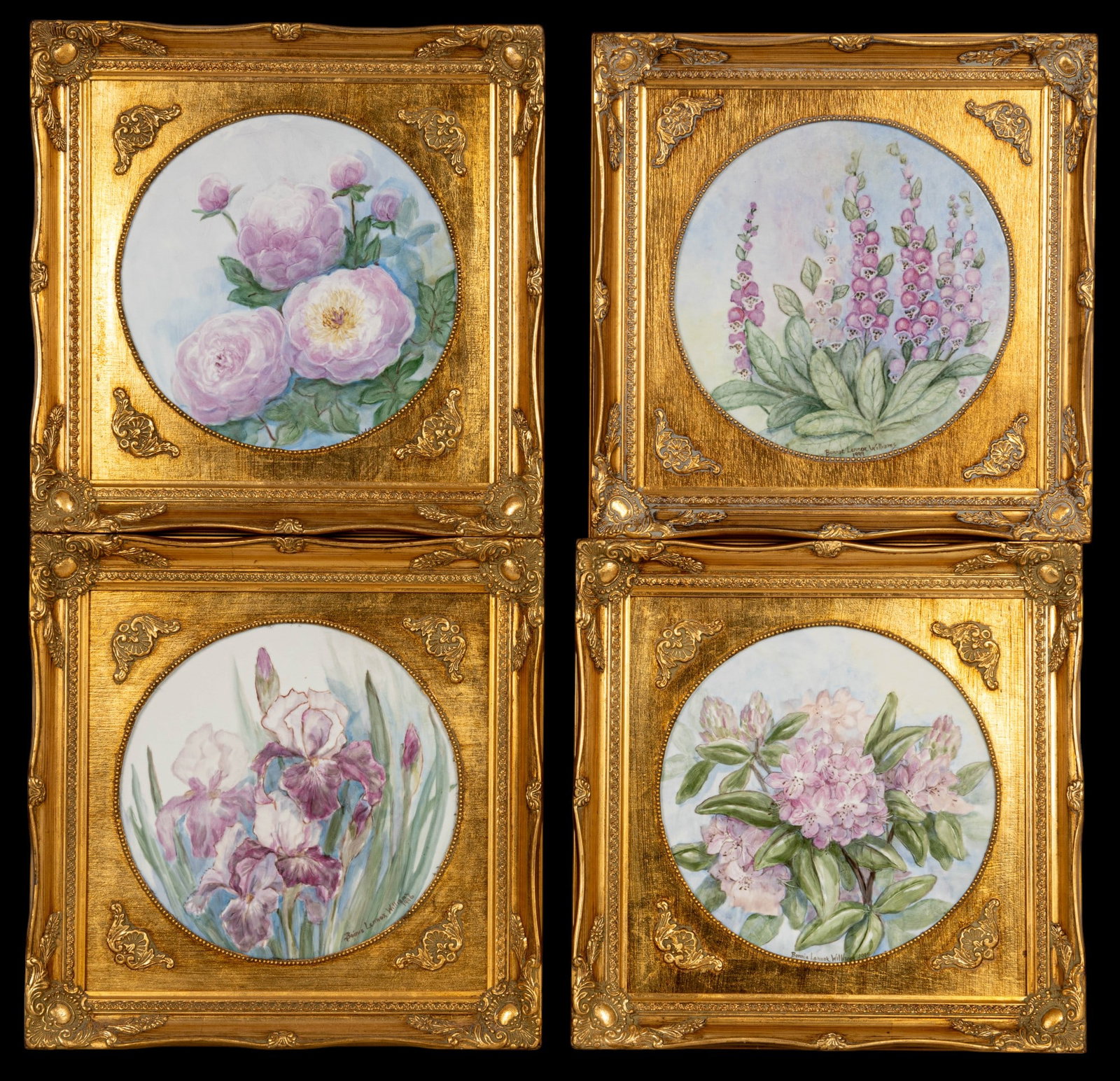 4 Pcs Hand Painted Porcelain Plaques: 4 pieces of hand painted porcelain plaques w/ floral designs. Plaques are approx. 12" in diameter, frames are approx. 17" x 17.5".
