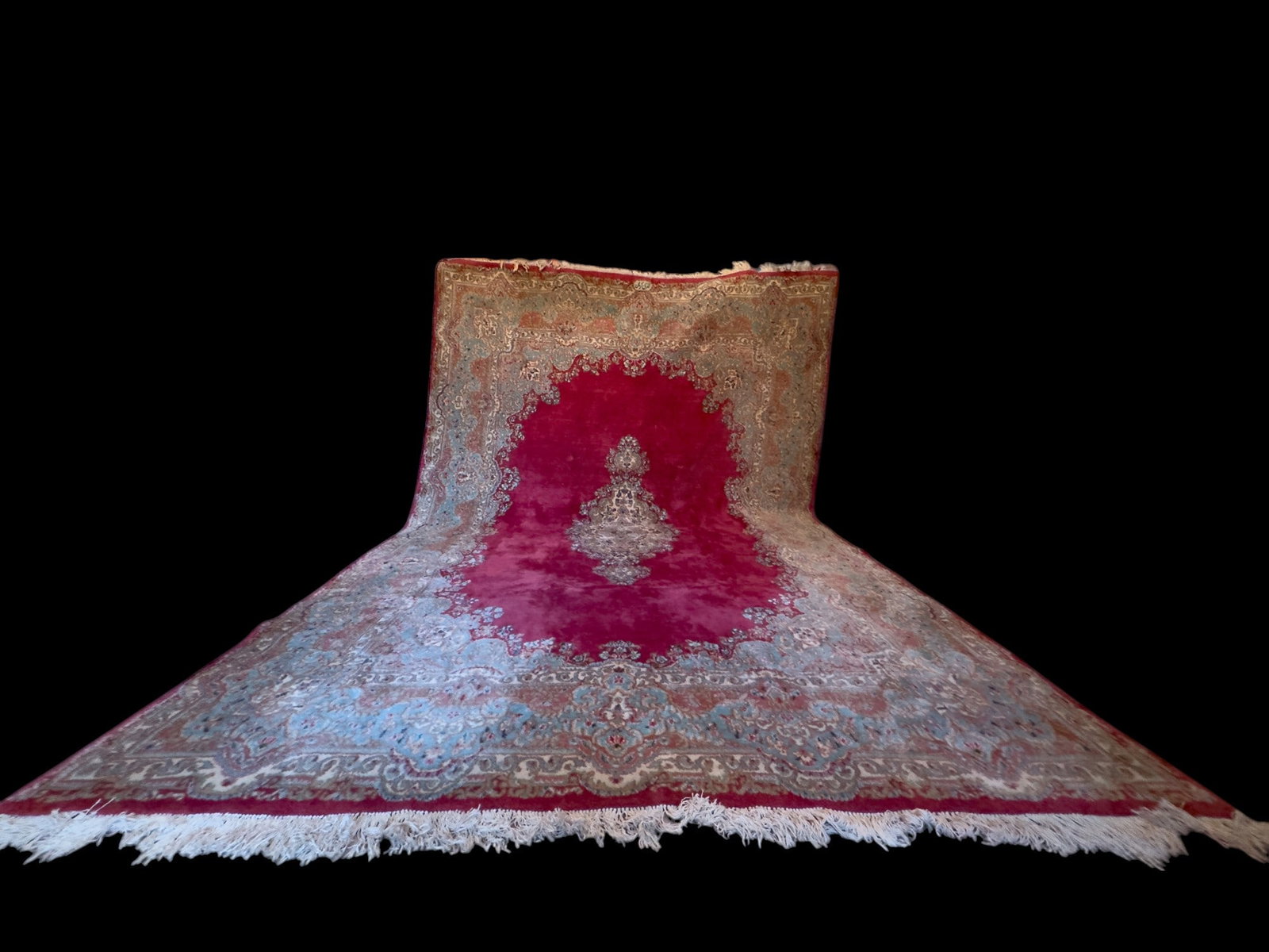Large Hand-Knotted Persian Rug ~9x14: Large hand-knotted Persian rug approx. 9?x14? w/ botanical motif design consisting of teal, tan, red border with red field, & center medallion.