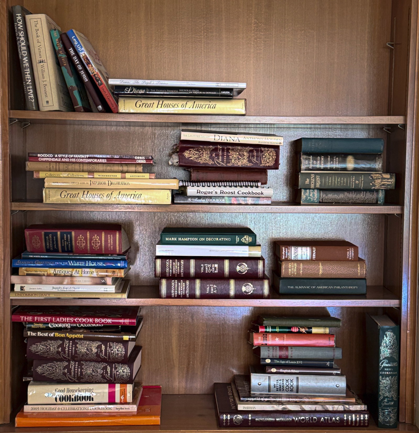 Collection of Books: Various ages and conditions. Decorating / Great Houses of America, cook books, books on Diana (Princess), and others.
