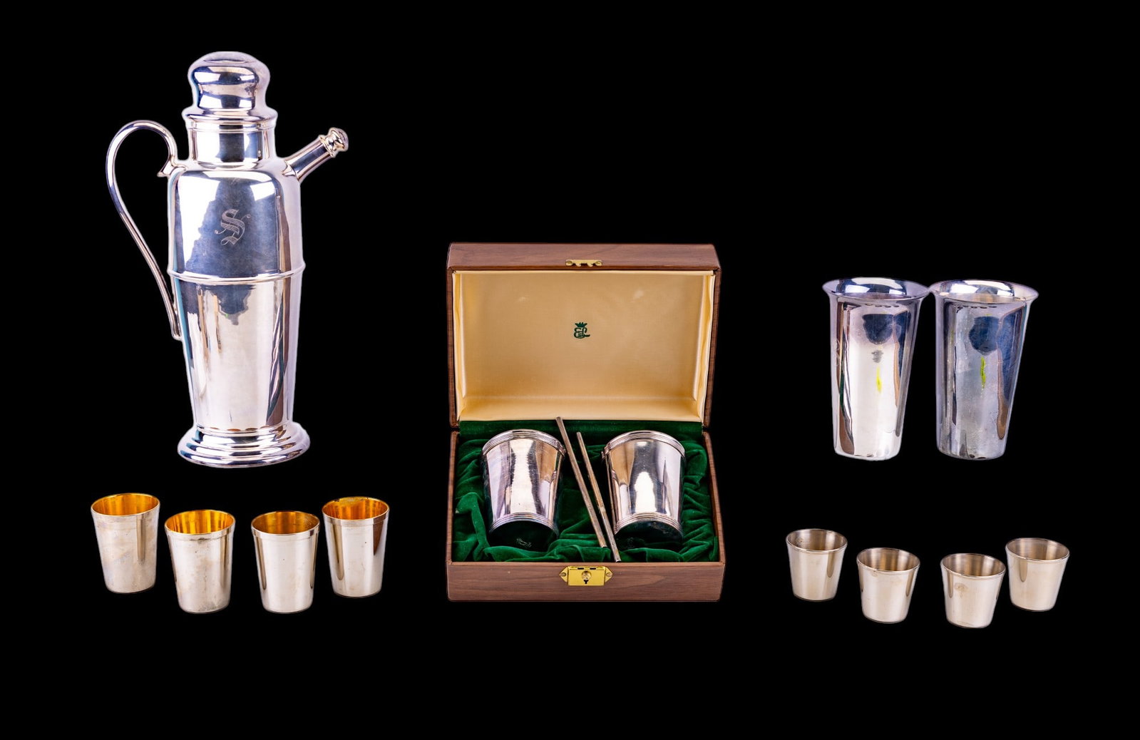 Silver Plate Cocktail Shaker & Sets: Marked "Cambridge E.P.C. 1112" silver plate cocktail shaker w/ Italian silver plate cocktail set (Delberti) . Shaker is monogrammed ?S" on side & measures approx. 13" tall. Also included are 2 sets of
