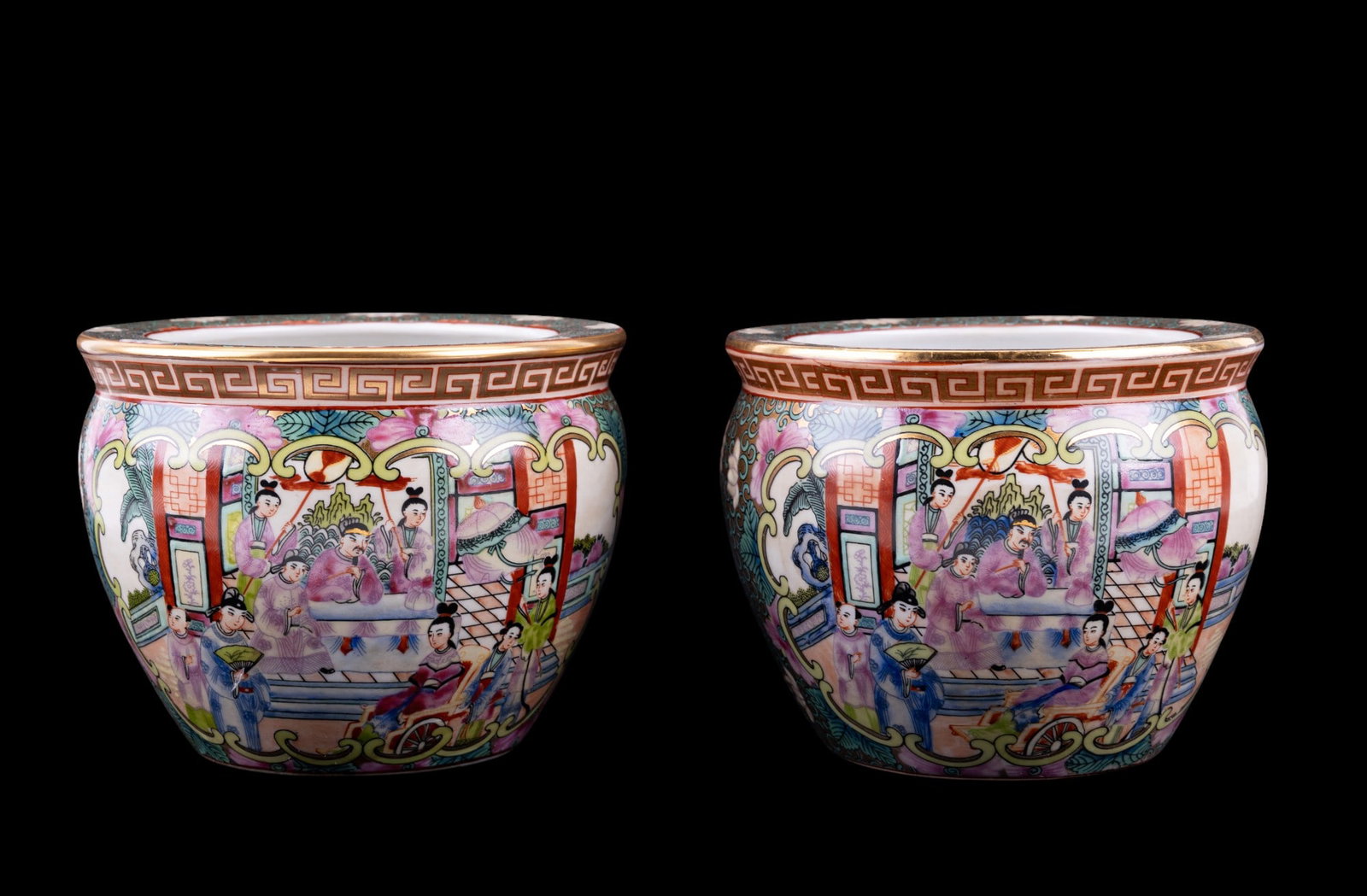 Pair 20th C Rose Mandarin Vessels: Pair of 20th C Rose Mandarin vessels approx 5.25" x 6.25" w/ various botanical motifs, fish, & scenes of people.