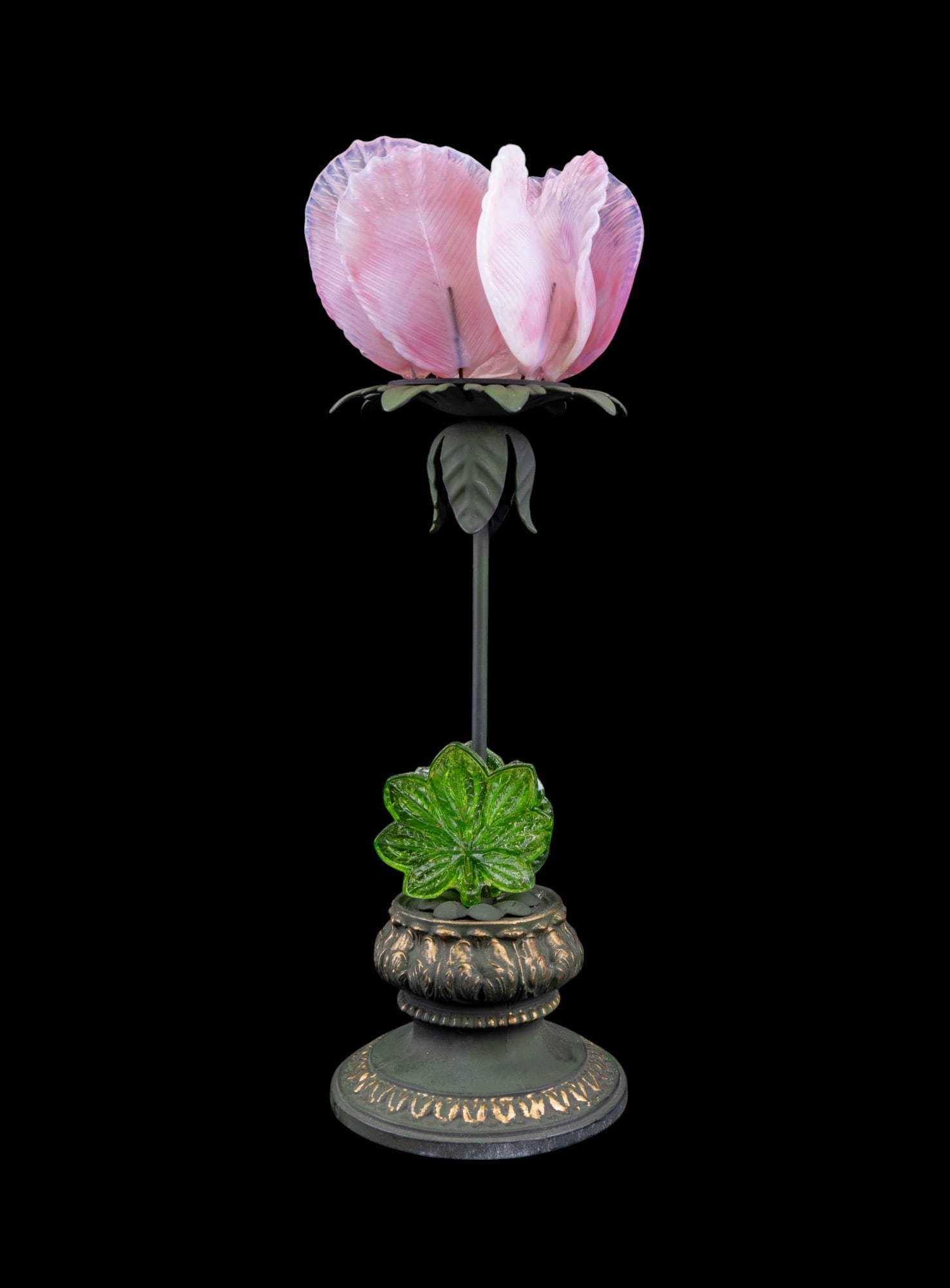 Venetian Glass & Metal Flower Table Accent: Venetian glass & metal pink flower table accent. Saks Fifth Avenue tag is attached. Item measures approx. 12" tall & 4.5" in diameter.