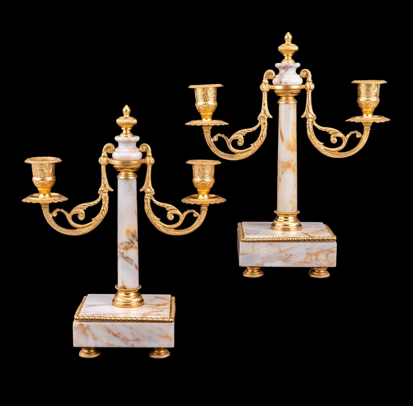 Pair 19th C French Bronze Candelabras 11" H: Pair of 19th C classical French bronze & marble candelabras. Candelabra arms feature a fern scroll design. One foot is loose. Items measure approx. 11" tall to top of finial, 9" wide, & 3.75" deep.