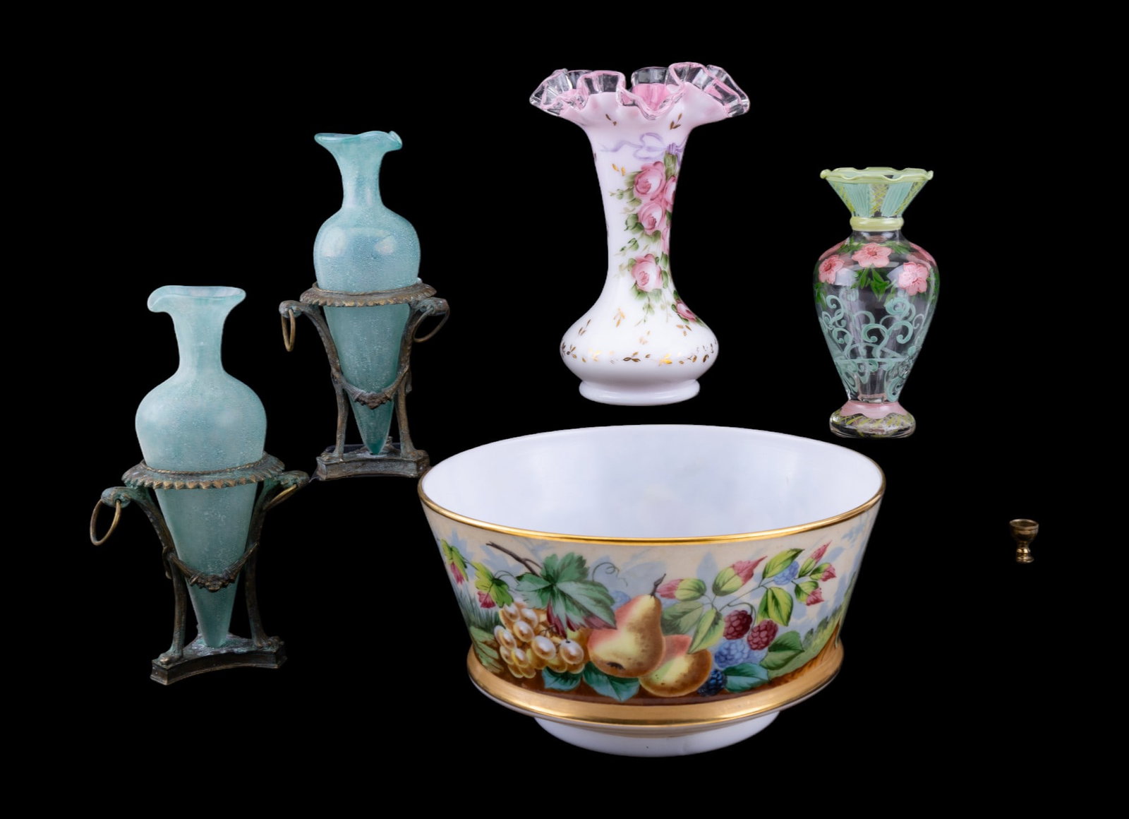 Decorative Porcelain Porringer, Vases, More: Enamel glass and bronze/brass porringers including bowl, enamel glass vase, Fenton ribbon rim vase, & pair of bronze/brass porringers approx 8" tall. Bowl is approx. 9" in diameter. One vase is contem