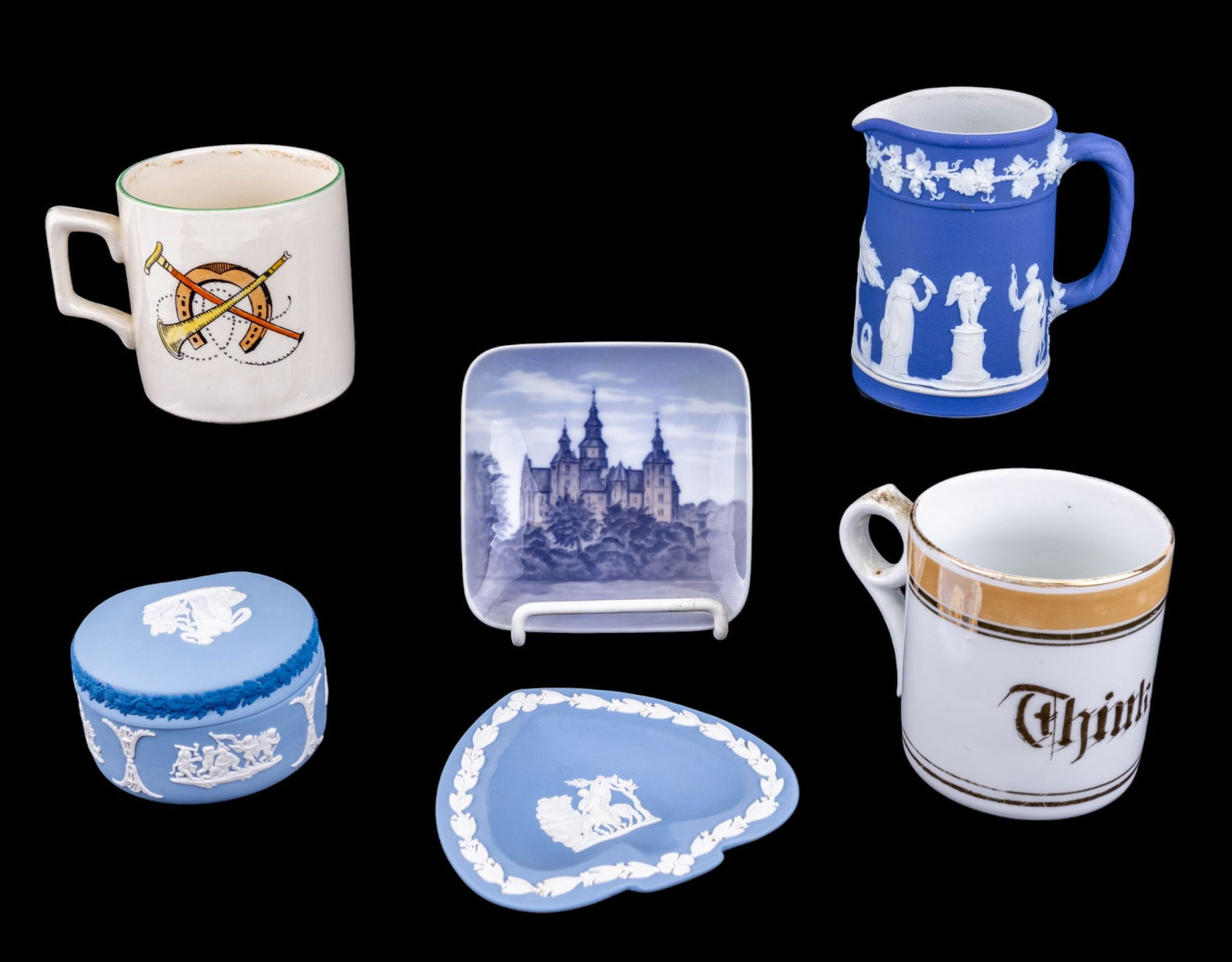 Wedgwood, Early English & Germ Porcelain: Group includes Wedgwood jasperware trinket box, creamer, & ashtray; Royal Copenhagen square dish w/ Rosenborg design; 19th C. German mug; Davenport hunting scenes mug; & thimble. Creamer measures appr