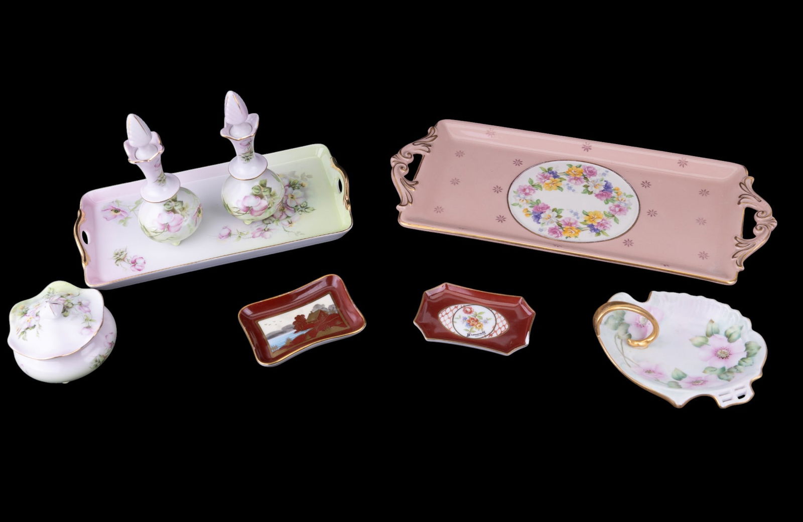 Nippon & Continental Dresser Sets: Nippon Japanese dresser set w/ tray & 4 complementary items, along w/ a hand-painted continental tray & dresser set. Largest tray is approx. 14.25" x 6".