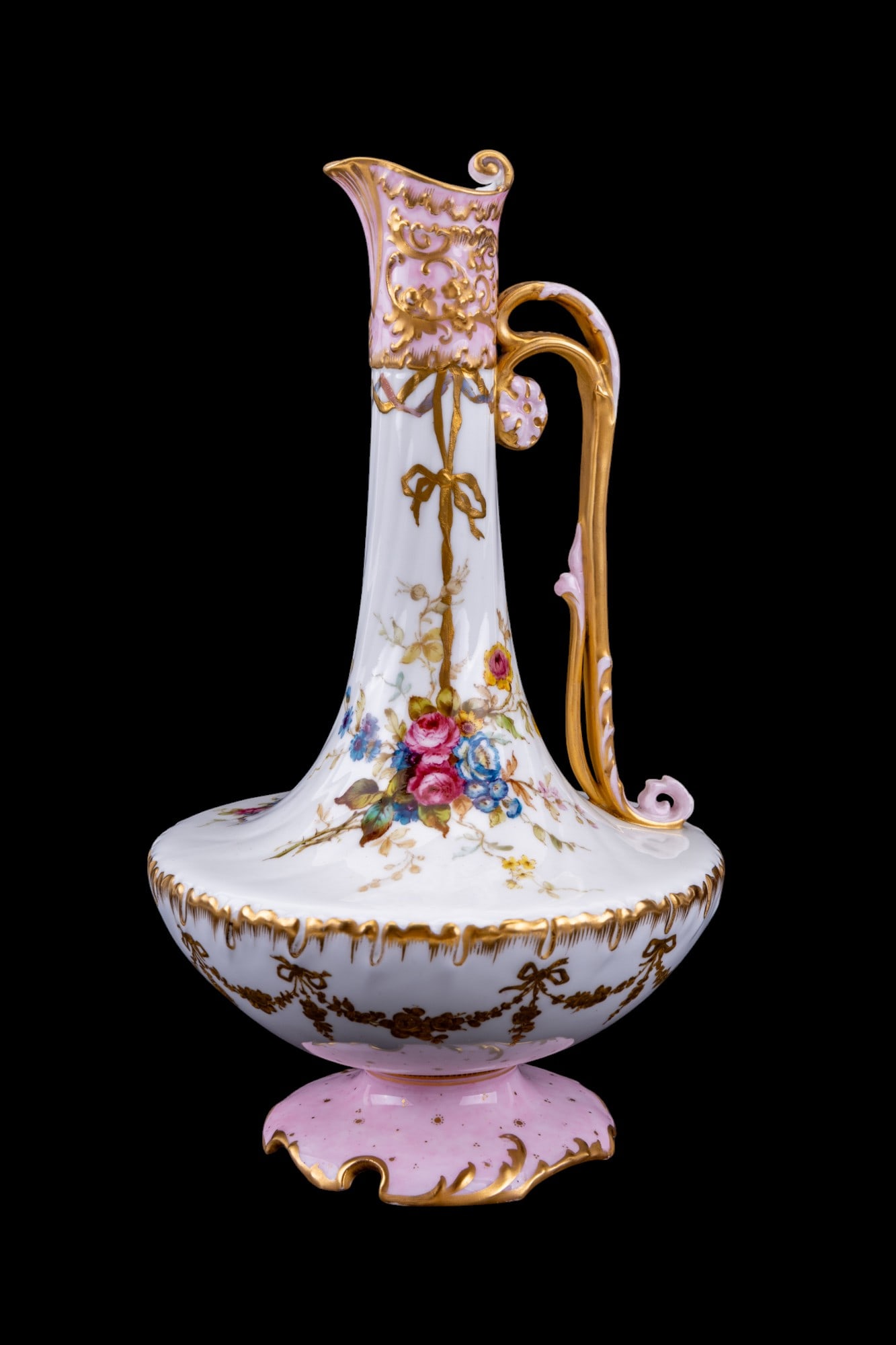 Royal Crown Derby Porcelain Ewer: Fine Royal Crown Derby pink & gilded floral ewer approx. 9" tall, marked on bottom.